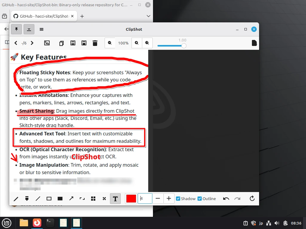 ClipShotで撮ったスクリーンショットに、ペン・マーカー・矩形・矢印・文字・モザイクで注釈を入れた画面