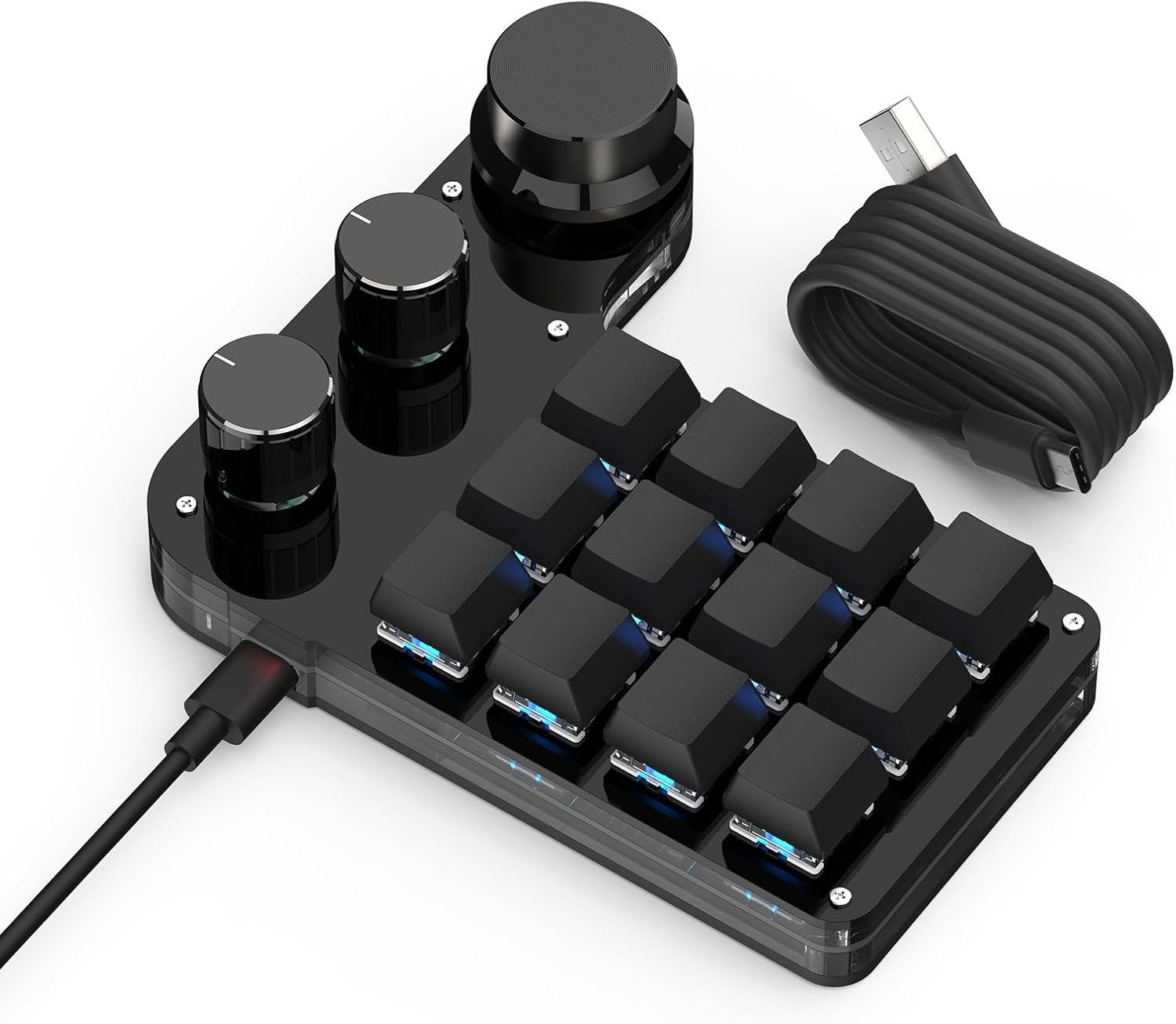 黒い12個のキーと3つの回転ノブを備えたSIKAI CASEの有線マクロキーボードとUSBケーブル